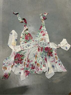 Vintage Y2K Yahoo beaded backless asymmetrical floral sheer top